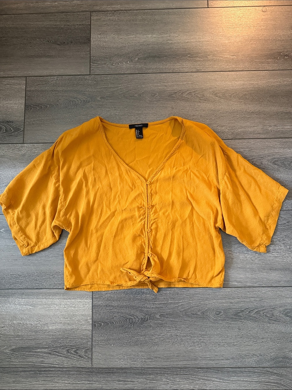 Forever 21 Mustard Button-Front Tie Crop Top